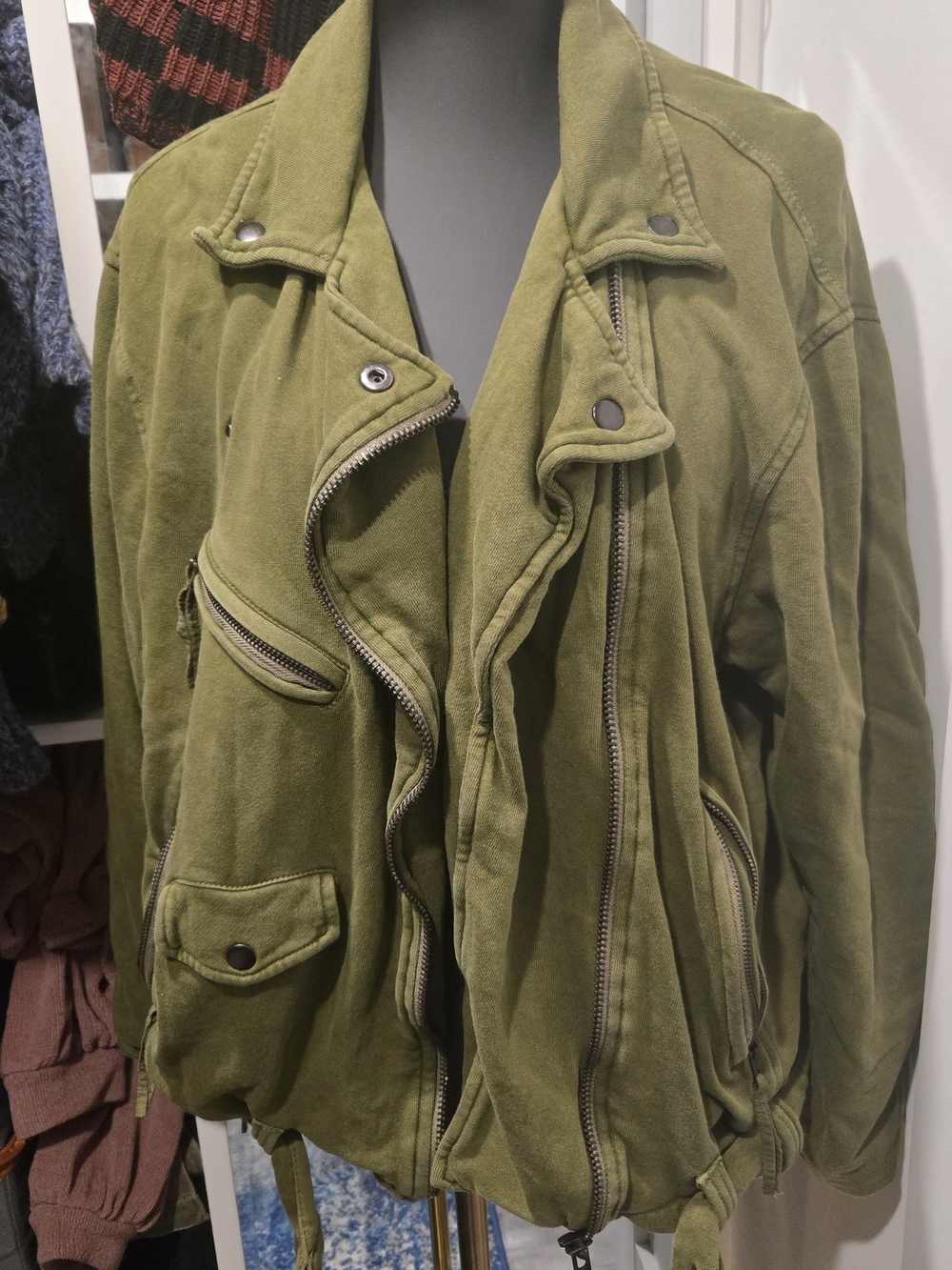 Free People Olive Green Cotton Bomber Jacket with Moto Details